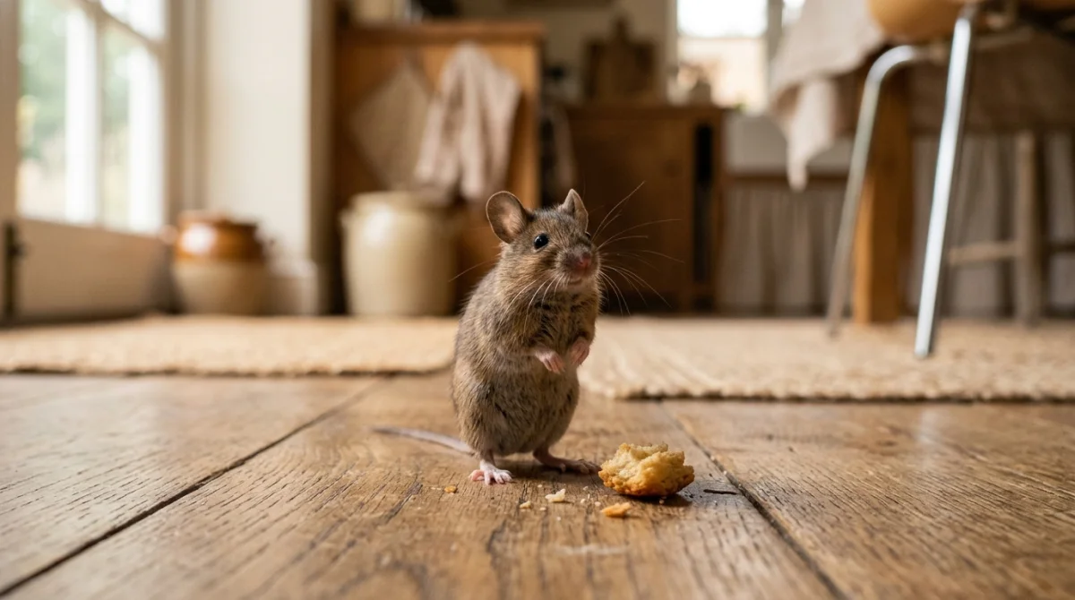 Petite souris brune réaliste sur un sol en bois près d'une miette, illustrant la signification d'une souris dans la maison.