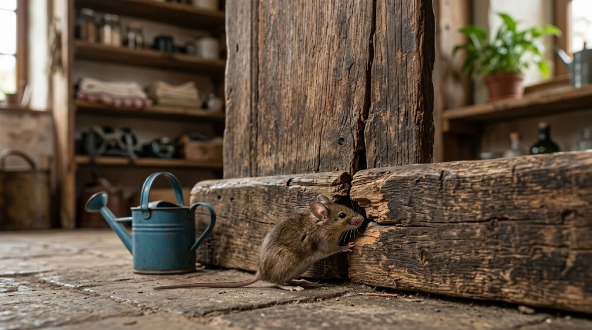 Petite souris brune s'infiltrant par une fissure dans une plinthe en bois, illustrant la signification d'une souris dans la maison.