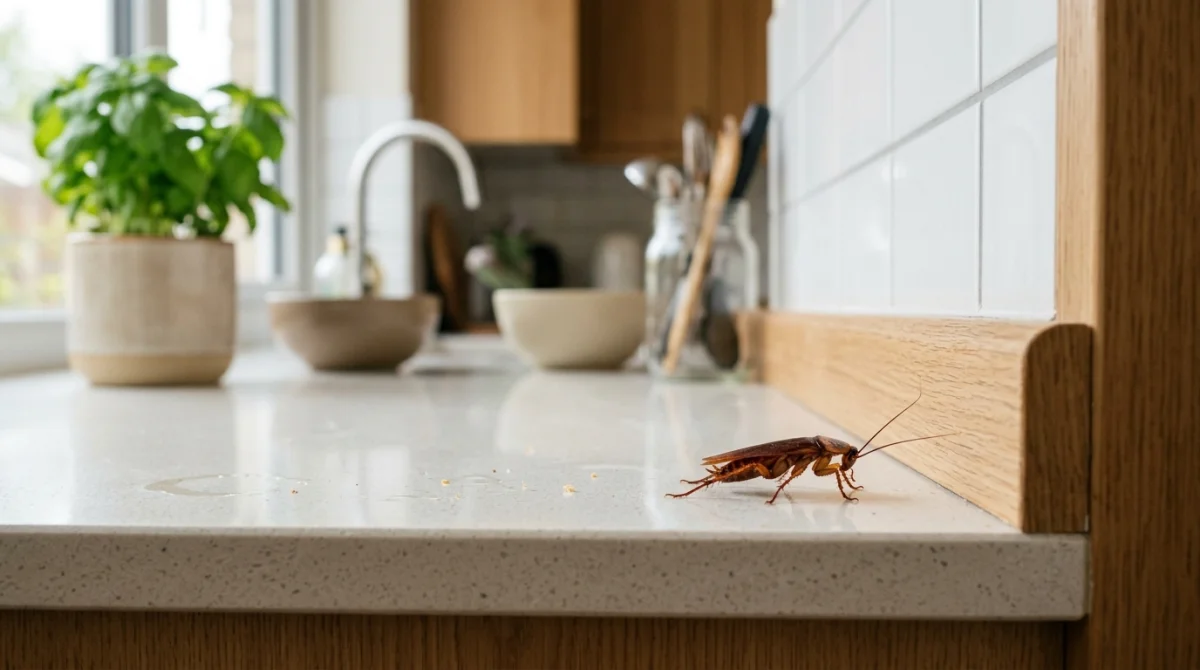 Un cafard solitaire se déplace sur un plan de travail de cuisine moderne, illustrant la signification d'un cafard dans la maison.