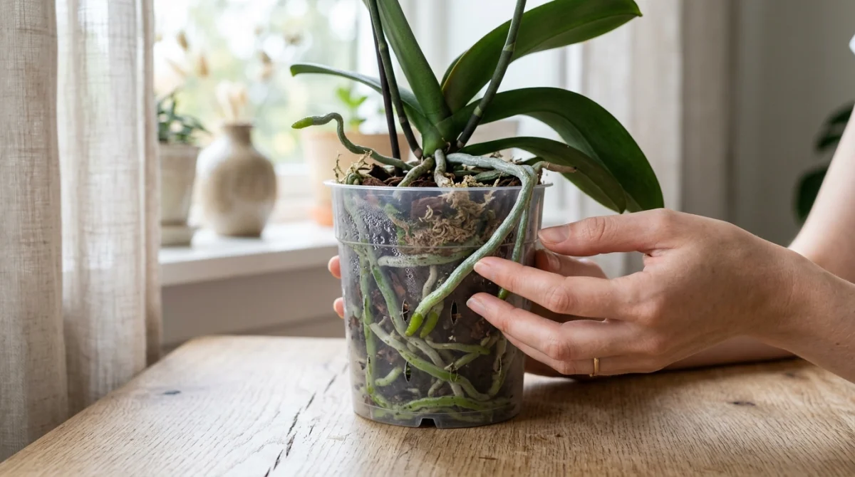 Main examinant les racines d'une orchidée dans un pot transparent pour apprendre comment arroser une orchidée correctement.