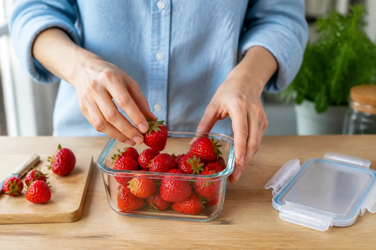Mains rangeant délicatement des fraises fraîches dans un récipient en verre pour apprendre comment conserver des fraises.