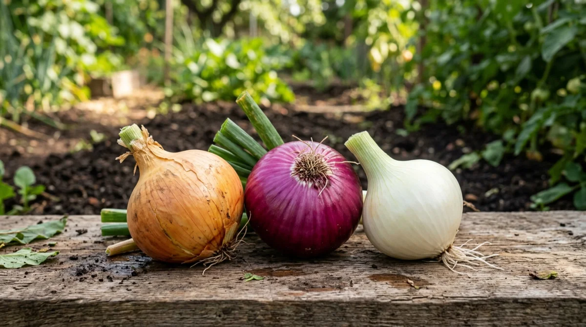 Trois variétés d'oignons frais, jaunes, rouges et blancs, disposés sur une table en bois pour apprendre comment planter des oignons.