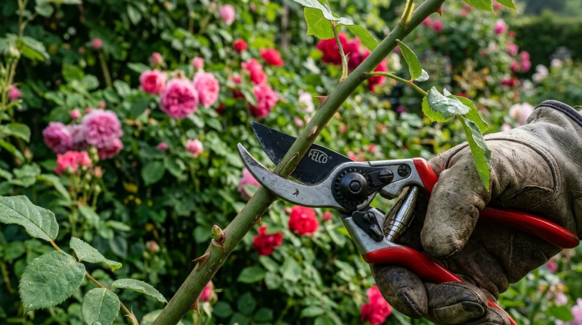 Sécateur professionnel effectuant une taille en biais sur une tige de rosier pour illustrer comment tailler les rosiers.