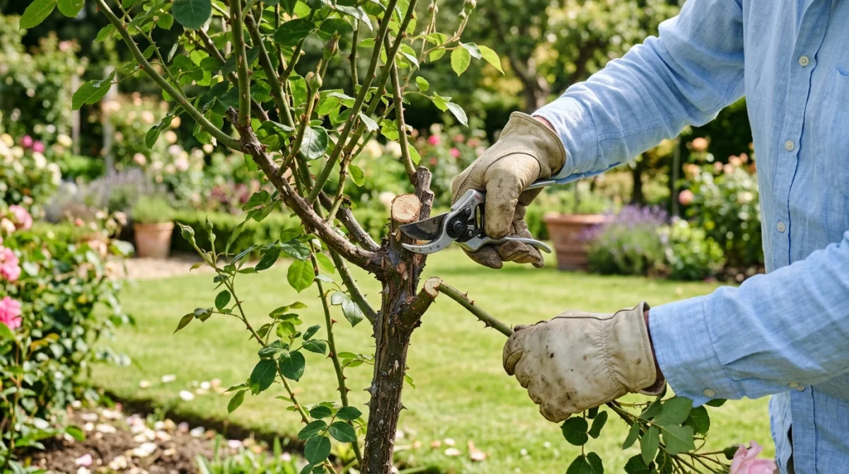 comment tailler rosiers jardin 192d 1 Jardinier utilisant un sécateur pour tailler un rosier tige dans un jardin ensoleillé, illustrant comment tailler les rosiers.