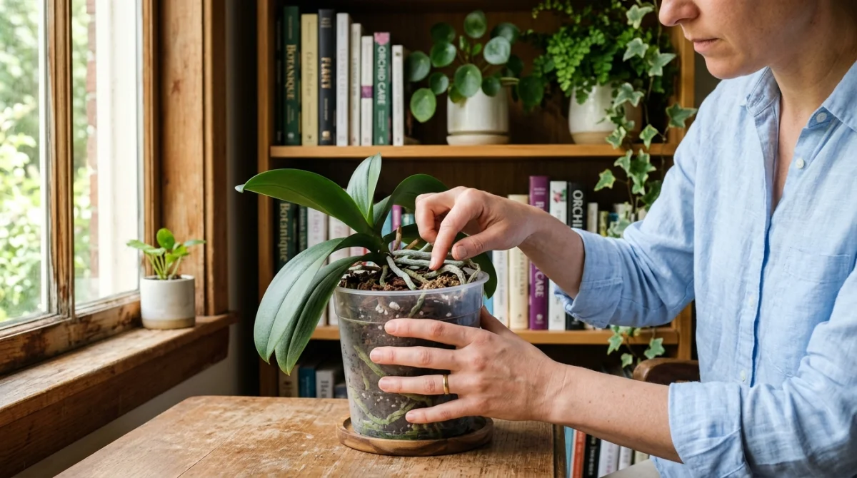 conseils arrosage orchidee phalaenopsis 1080 1 Personne examinant les racines d'une orchidée Phalaenopsis dans un pot transparent pour savoir comment arroser une orchidée.