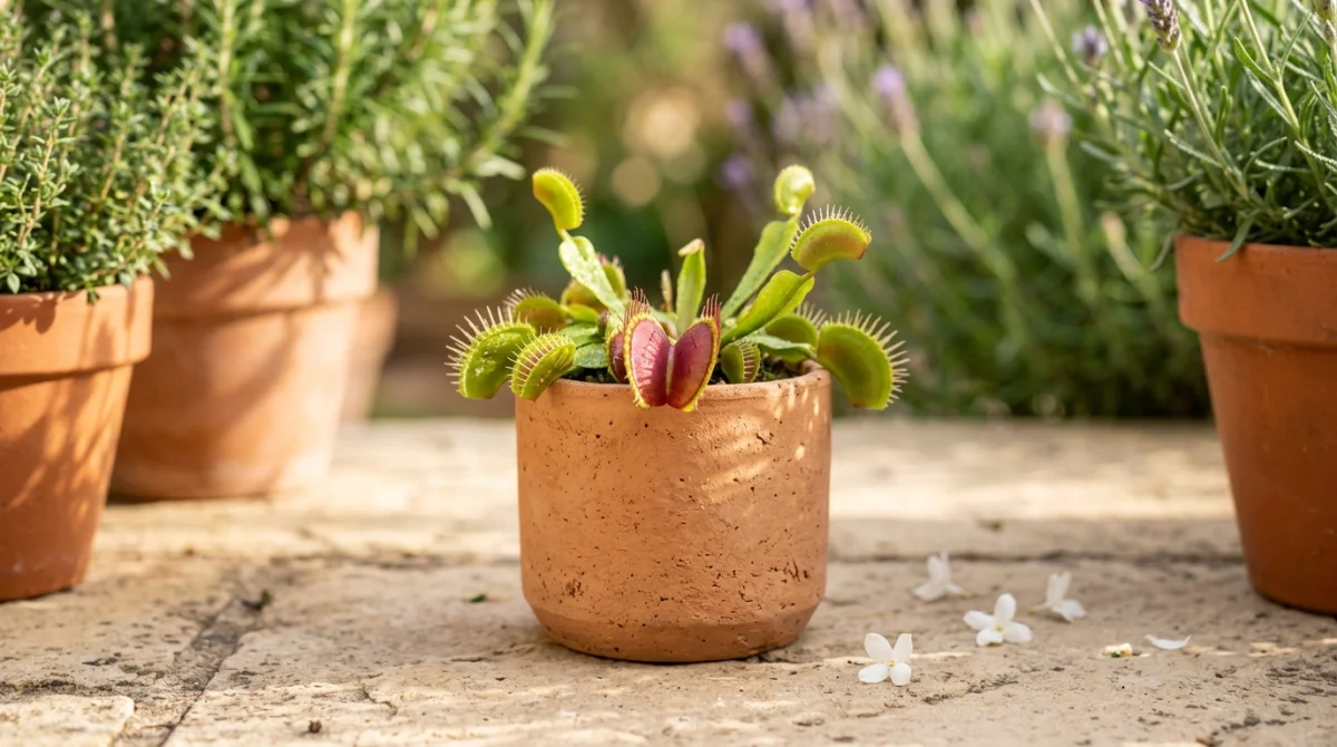 Dionée attrape-mouche aux pièges rouges entrouverts dans un pot en terre cuite sur une terrasse ensoleillée.