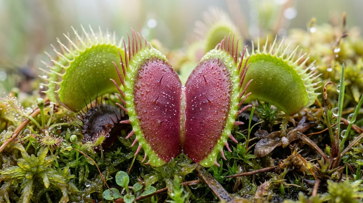 Gros plan d'une Dionée attrape-mouches aux mâchoires rouges ouvertes dans une tourbière humide et naturelle.