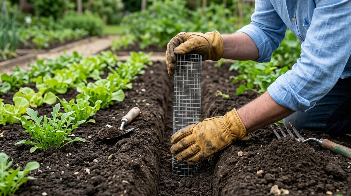 installation grillage anti taupe jardin e775 1 Jardinier installant un grillage anti-taupe dans la terre pour apprendre comment se débarrasser des taupes efficacement.