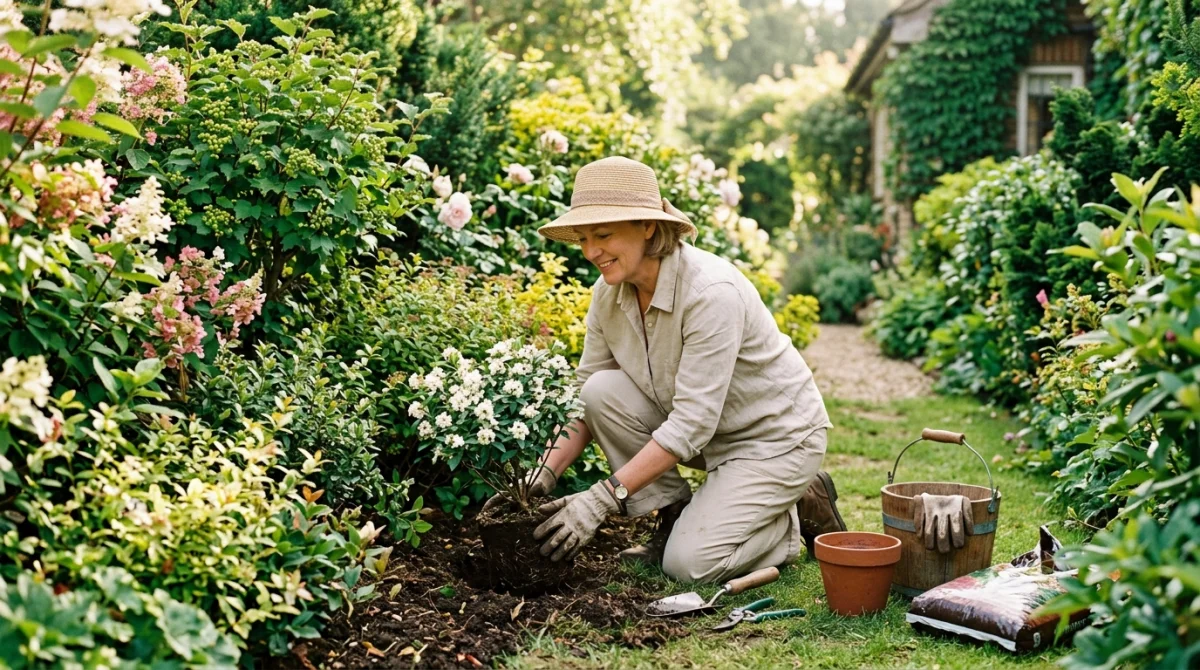 Jardinière plantant un arbuste dans une haie mixte diversifiée et fleurie pour un jardin résidentiel ensoleillé.