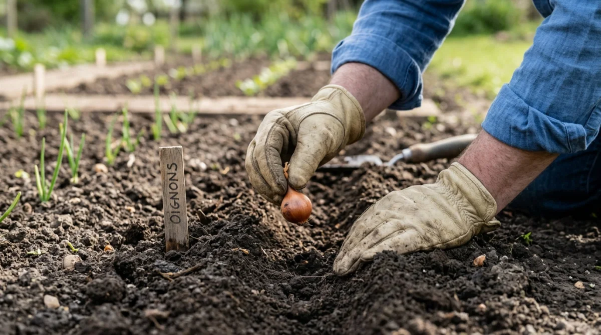 Mains de jardinier plantant une bulbille d'oignon dans un sillon de terre pour apprendre comment planter des oignons.