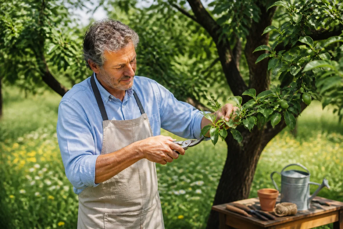 Jardinier taillant délicatement un rameau de prunier avec un sécateur dans un verger ensoleillé pour l'entretien estival.