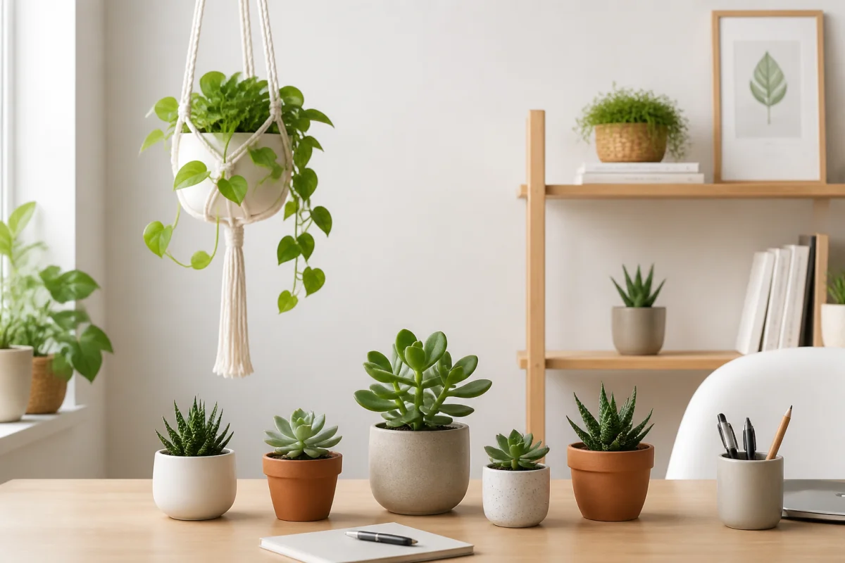 Collection de succulentes et plante suspendue en macramé sur un bureau moderne en bois pour une ambiance sereine.