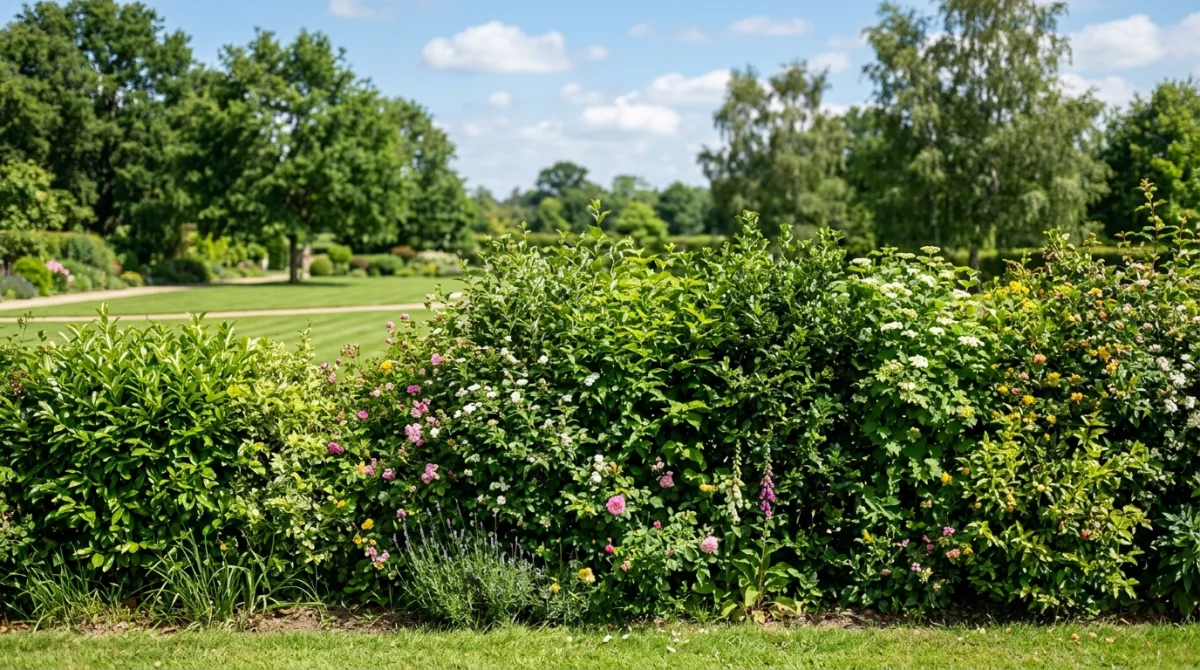 Haie diversifiée composée d'arbustes sains et denses dans un jardin paysager ensoleillé, idéale comme plante pour les haies.
