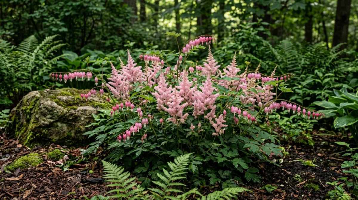 Massif luxuriant d'astilbes roses et de cœurs-de-marie dans un sous-bois frais, idéale comme plante pour ombre.