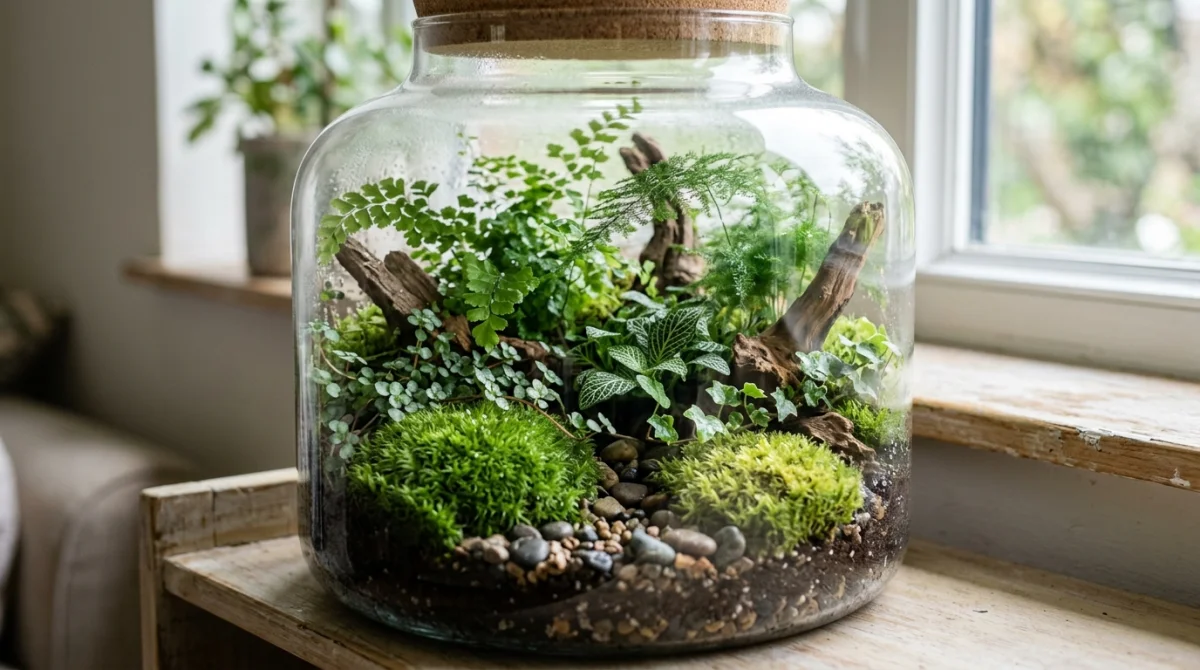 Terrarium en verre composé de mousses, fougères et plantes rampantes pour un écosystème miniature luxuriant et sain.