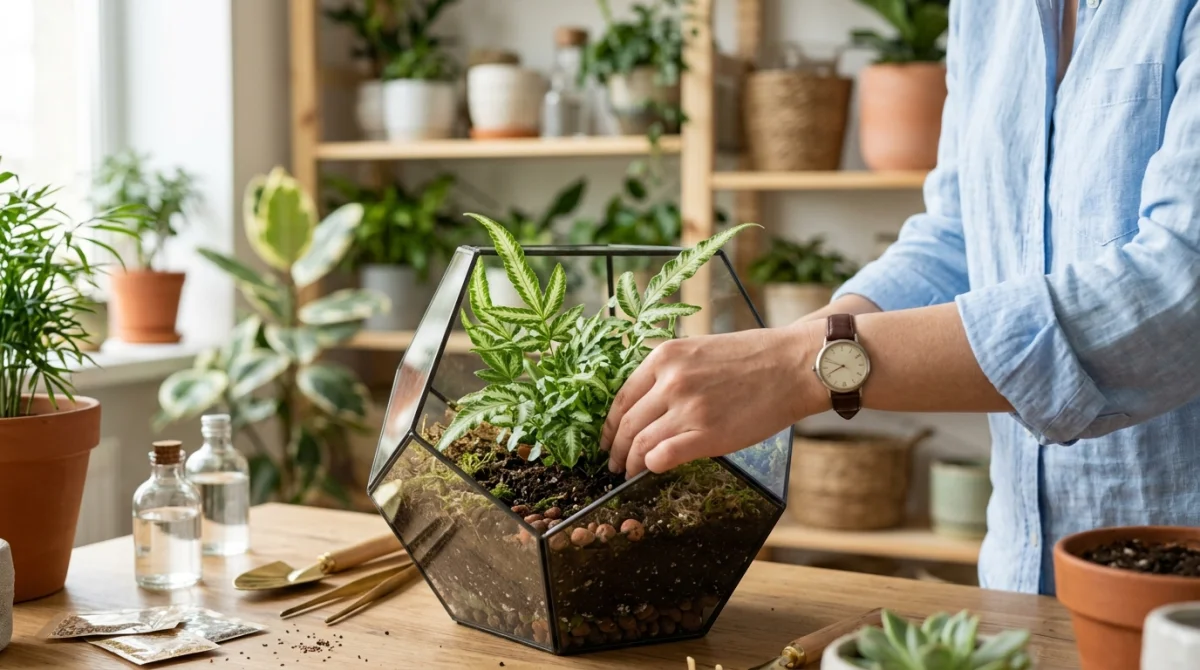 meilleures plantes pour terrarium c74d 1 Main plaçant une petite fougère panachée dans un terrarium en verre géométrique pour une décoration végétale intérieure.