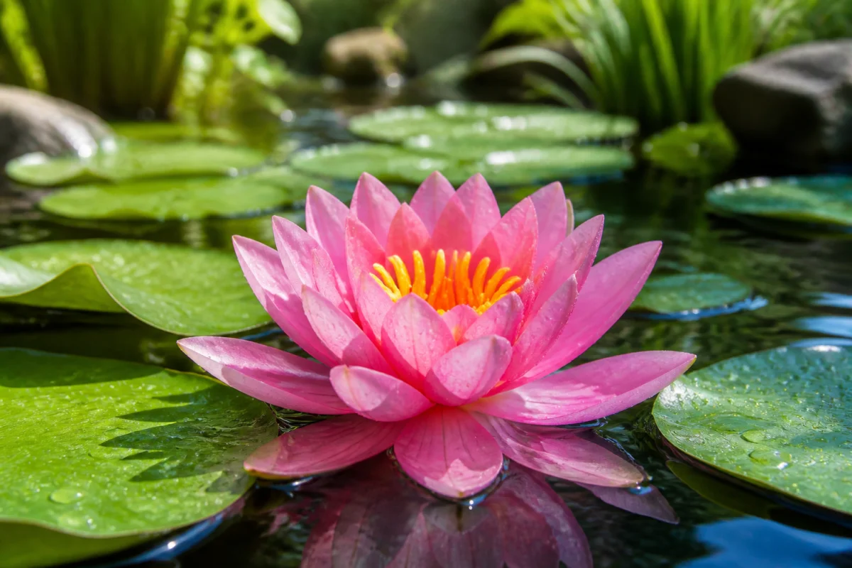 Nénuphar en pleine floraison sur un bassin de jardin, une plante aquatique pour bassin élégante et apaisante.