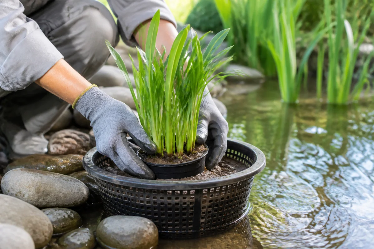 plantation plante aquatique bassin 907a 1 Mains gantées installant une plante aquatique pour bassin dans un panier de plantation au bord de l'eau.