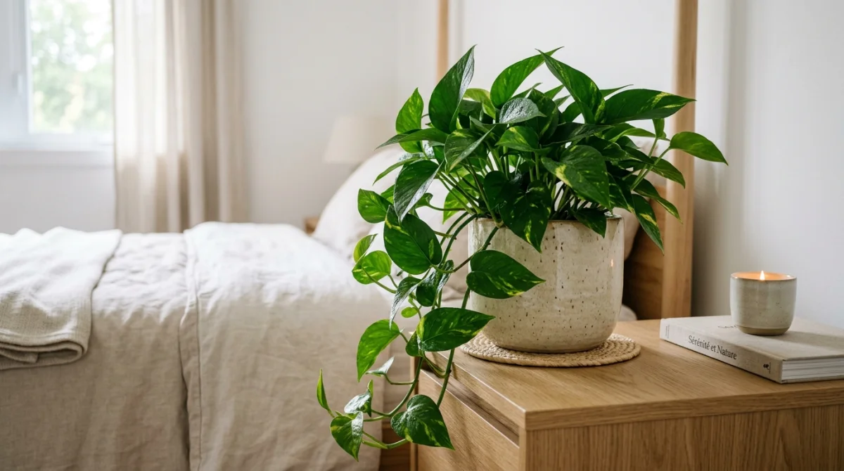 Plante d'intérieur luxuriante dans un pot en céramique posée sur une table de chevet en bois clair.