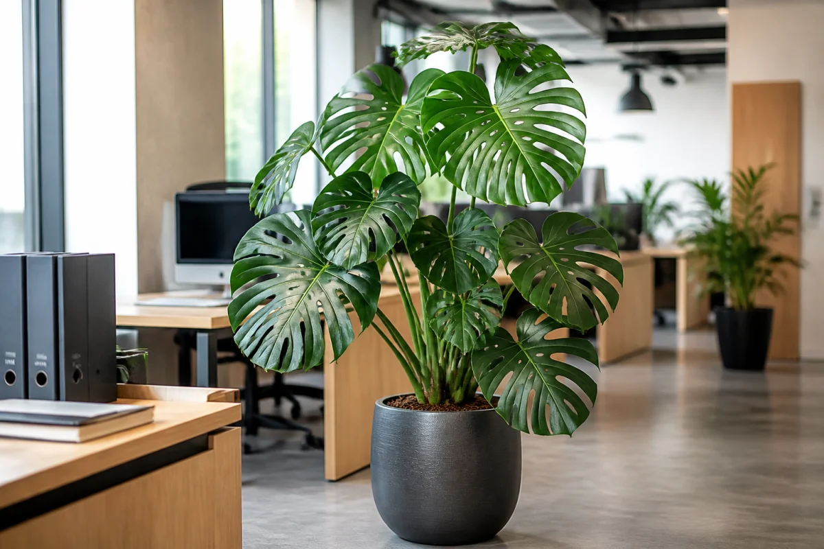 plante verte pour bureau moderne 6a94 1 Grande plante Monstera dans un pot gris anthracite décorant un bureau moderne et lumineux.