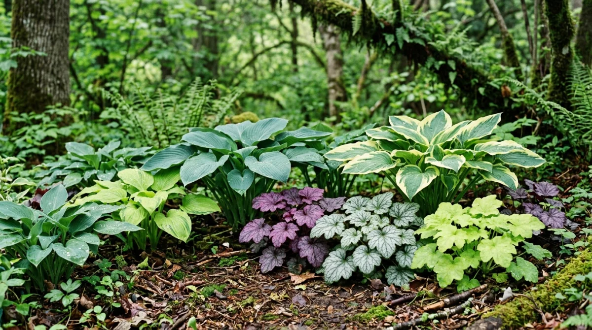 Assortiment de plantes vivaces comme des hostas et heuchères dans un sous-bois ombragé, idéale plante pour ombre.