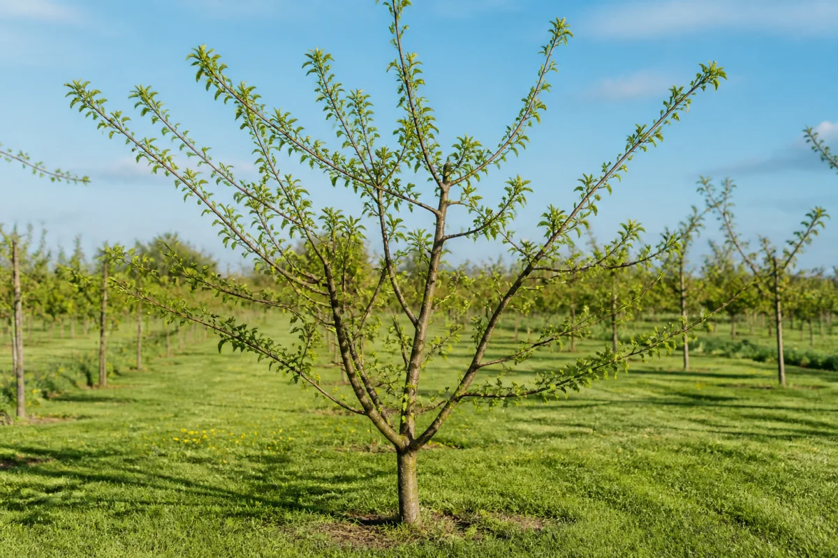 Jeune prunier vigoureux dans un verger au printemps, idéal pour illustrer quand tailler un prunier.