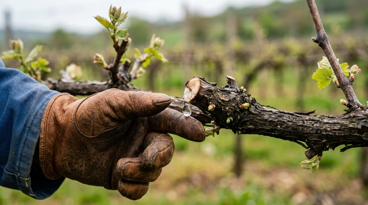 Gros plan sur une coupe nette de vigne avec une goutte de sève, illustrant quand tailler une vigne au printemps.