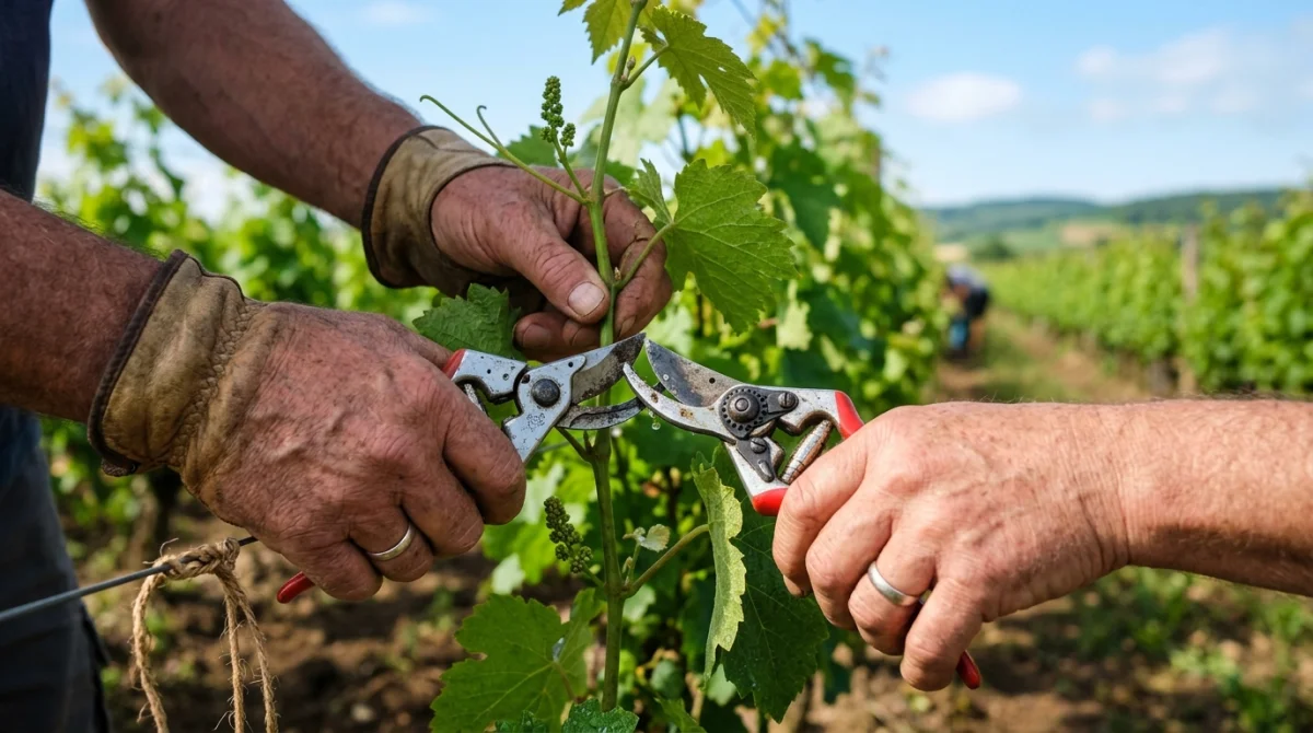 Mains expertes utilisant un sécateur pour tailler un sarment de vigne dans un vignoble ensoleillé.