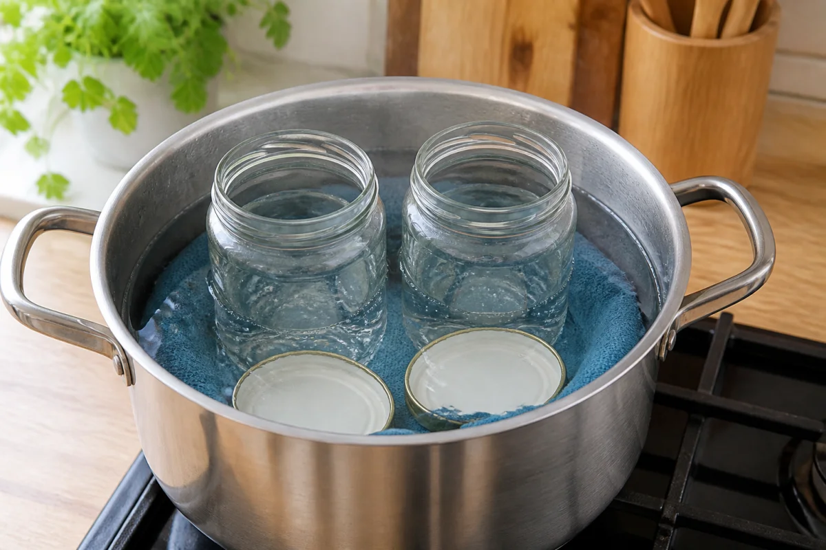 Comment stériliser un bocal dans une casserole d’eau bouillante avec couvercles et torchon protecteur