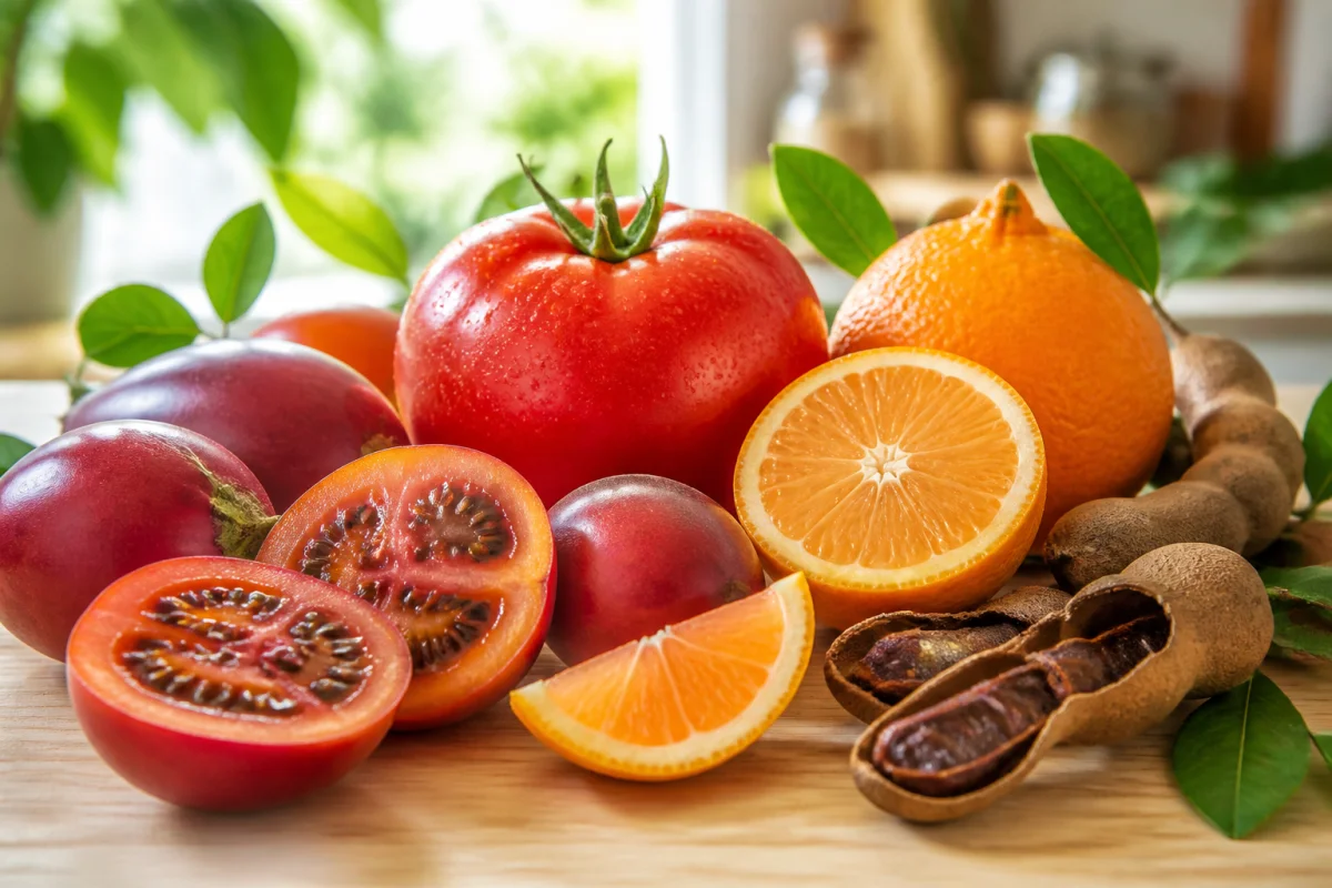Composition de fruits en T avec tomate centrale, tamarillo, tangelo et tamarin sur une table en bois lumineuse