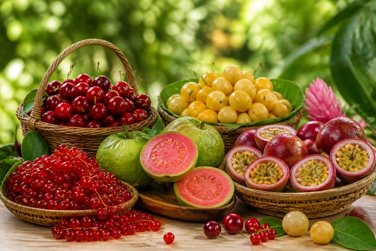 Composition de fruits en G : groseilles, griottes, goyaves, girembelles et grenadilles dans un jardin luxuriant