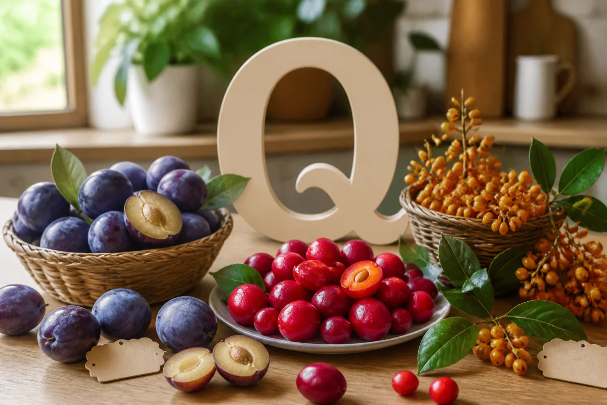 Assortiment pédagogique de fruits en Q : quetsches violettes, quandongs rouges et fruits de quinquina sur une table.
