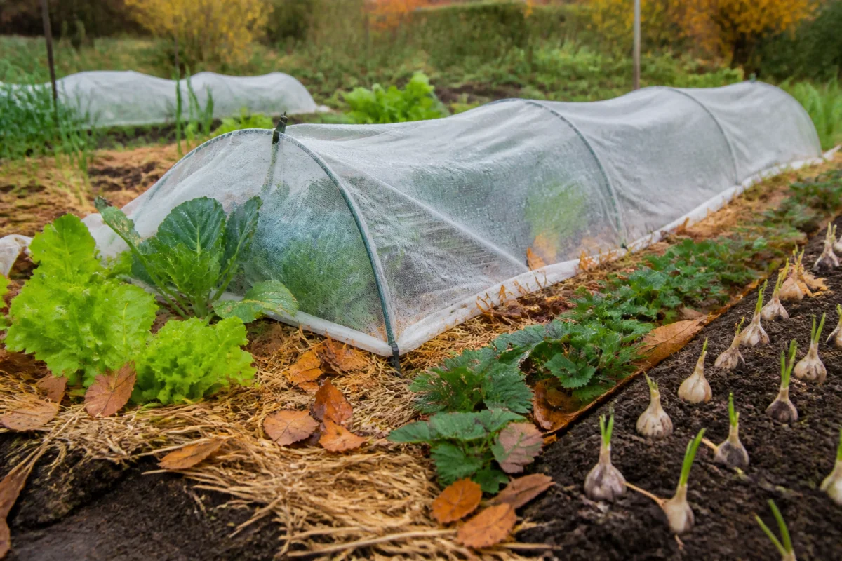 10 légumes à planter en octobre : jeunes laitues, choux, fraisiers et ail protégés par un voile hivernal.