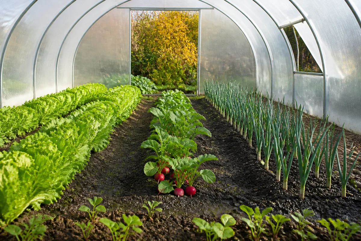 Serre de jardin en septembre avec radis roses, jeunes poireaux et laitues en croissance sous lumière douce