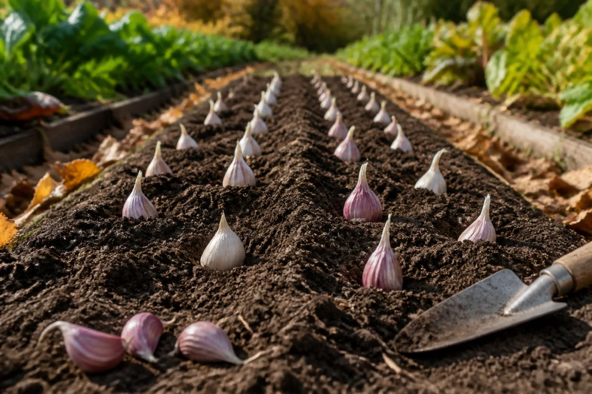 Caïeux d’ail blanc et violet plantés en octobre dans une butte de terre bien drainée du potager