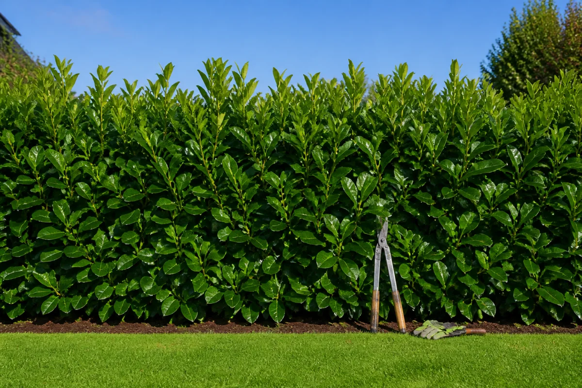 Haie de lauriers-cerises bien taillée dans un jardin printanier, idéale pour savoir quand tailler les lauriers.