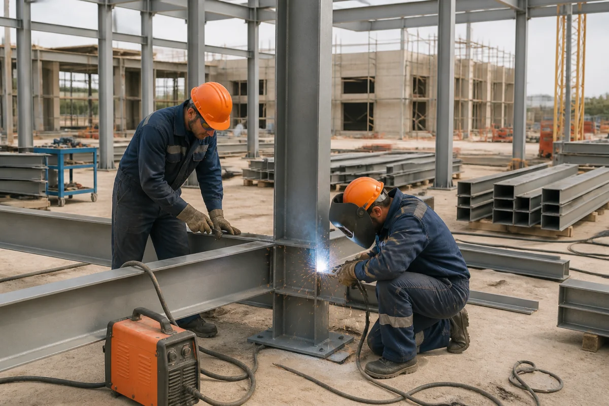 A2SI Chaudronnerie Métallerie, ouvriers métalliers soudant une structure acier sur un chantier professionnel sécurisé