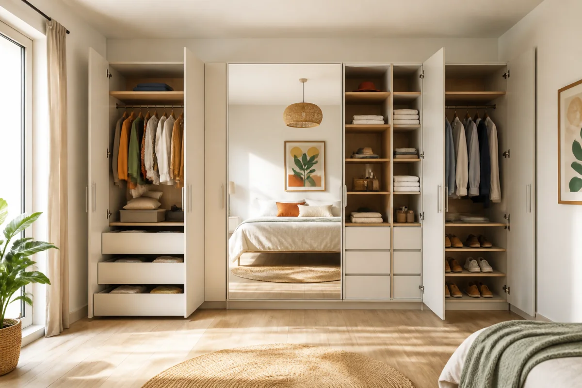 Aménagement de placard sur mesure avec portes coulissantes, tiroirs accessibles et façade miroir dans une chambre lumineuse