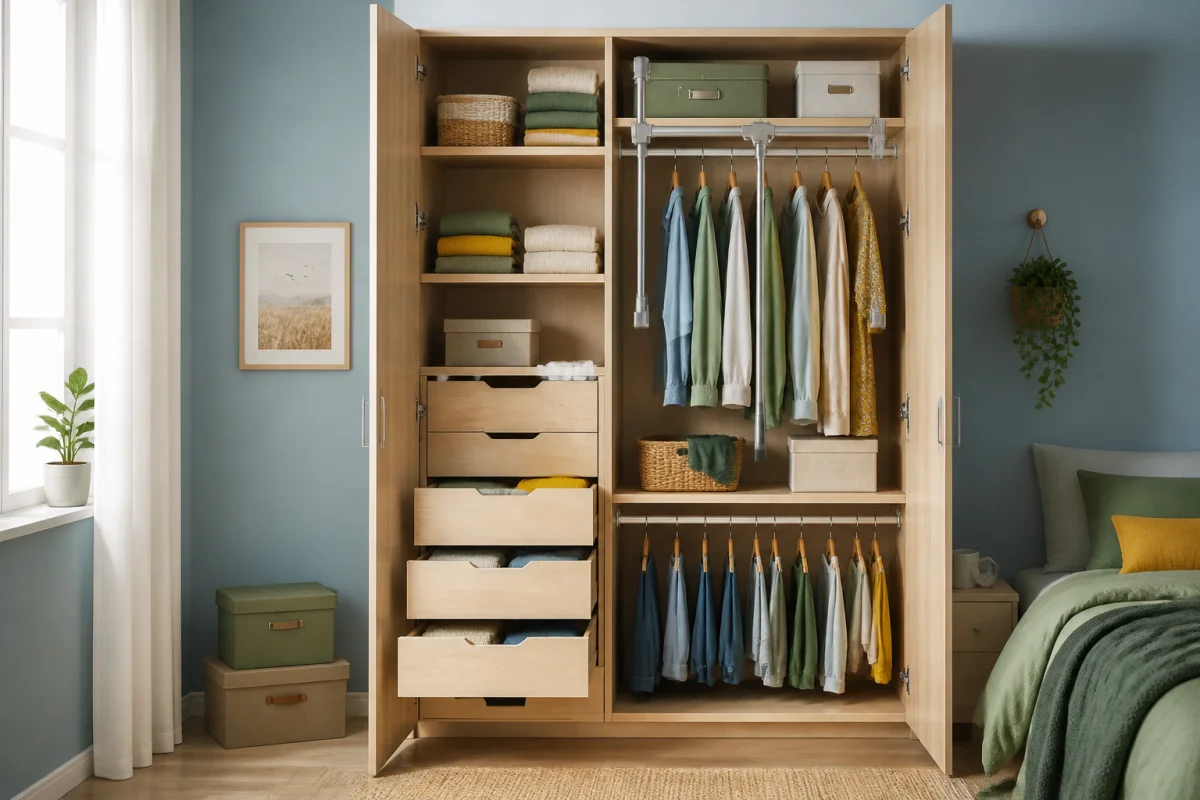 Aménagement de placard sur mesure ouvert avec tiroirs, étagères réglables, penderie escamotable et rangements organisés