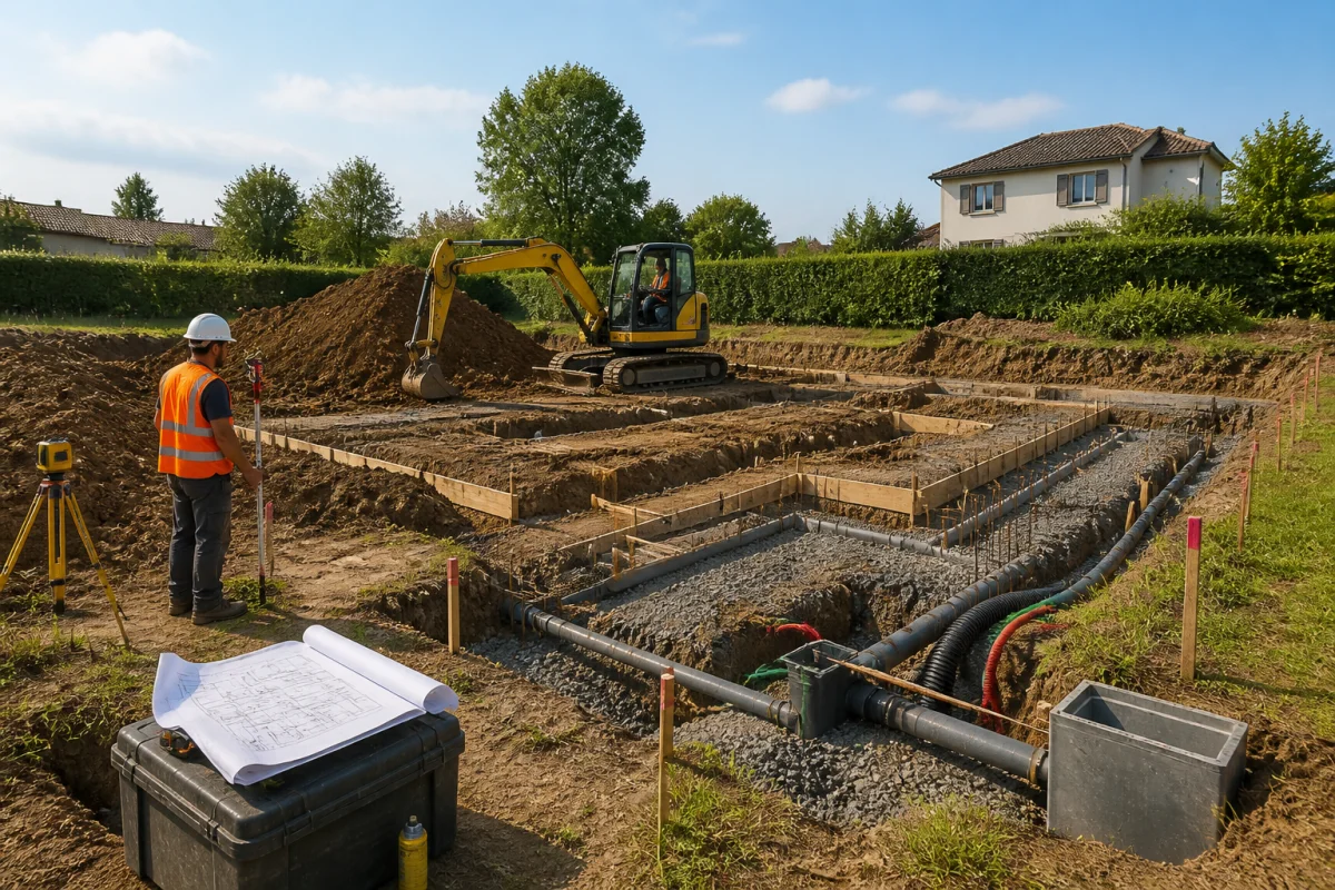 Terrassement d’une maison individuelle avec mini-pelle, fondations creusées, drainage et ouvrier contrôlant le nivellement du terrain