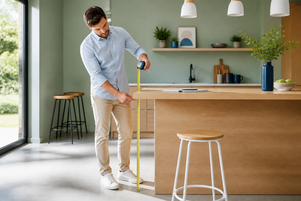 Personne mesurant un comptoir de cuisine avec un mètre ruban pour choisir la hauteur d’un tabouret de bar adapté