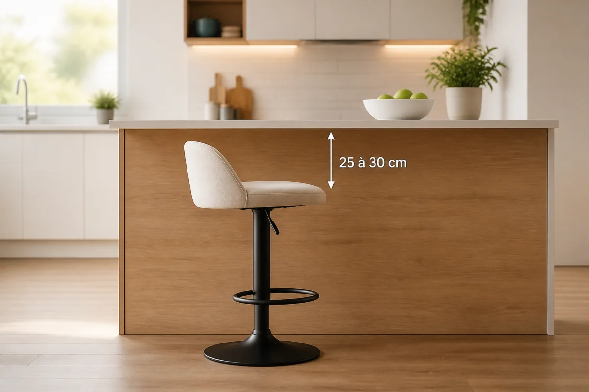 Choisir la hauteur d’un tabouret de bar : tabouret réglable avec dégagement de 25 à 30 cm sous le comptoir