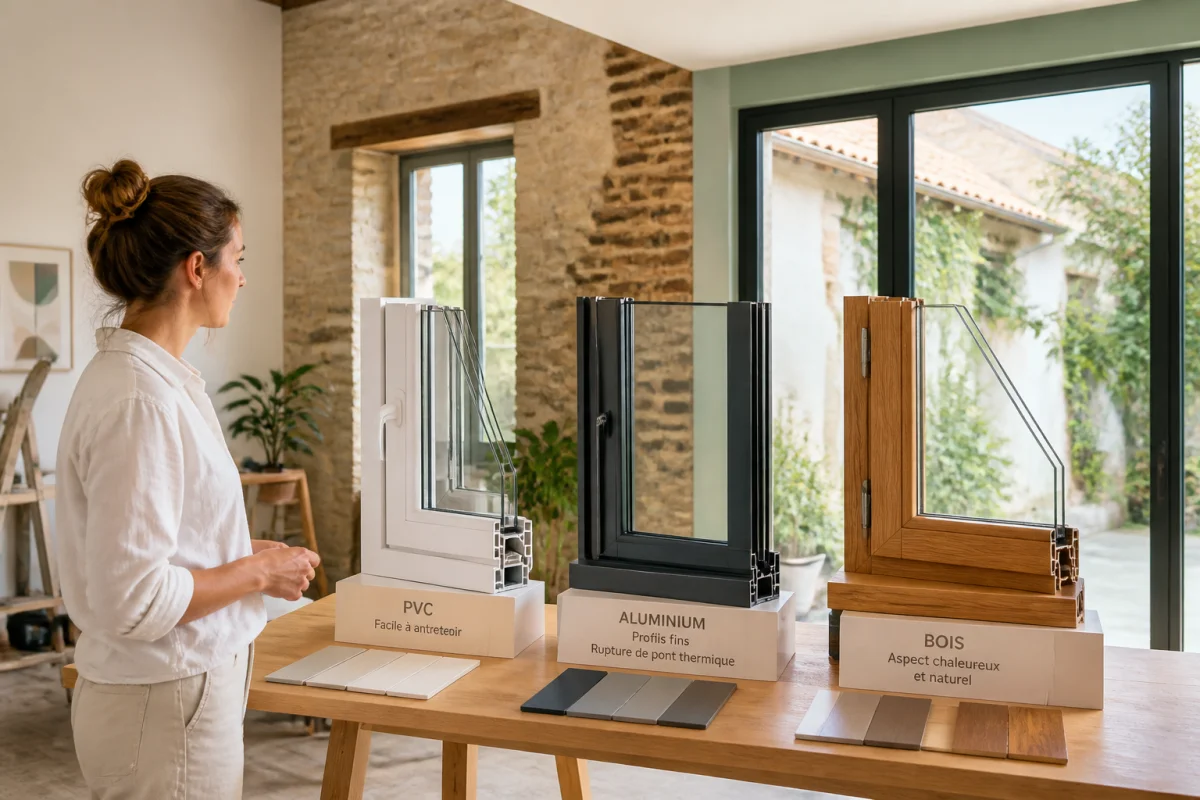Choisir ses menuiseries pour une rénovation : fenêtre PVC, baie vitrée aluminium et fenêtre en bois présentées côte à côte