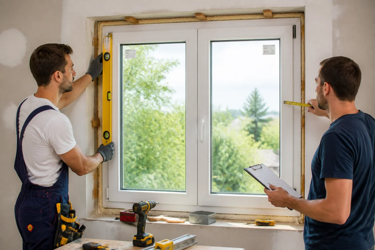 Professionnels contrôlant la pose d’une fenêtre neuve pour bien choisir ses menuiseries lors d’une rénovation