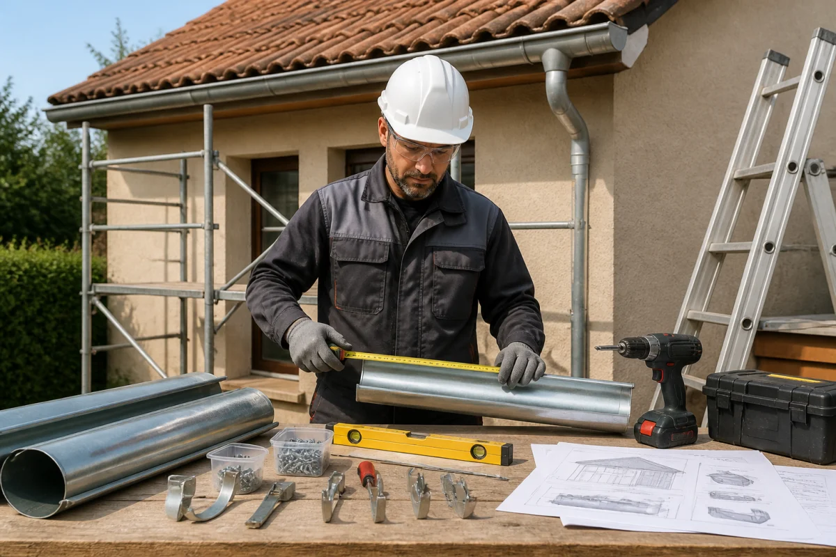 Artisan mesurant des gouttières en zinc devant une maison, équipé pour une pose professionnelle et sécurisée
