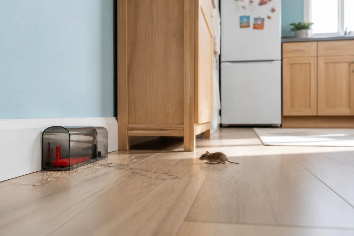 comment attraper souris piege non letal 6cae 1 Piège à souris non létal placé le long d’une plinthe, avec une souris visible dans une cuisine lumineuse