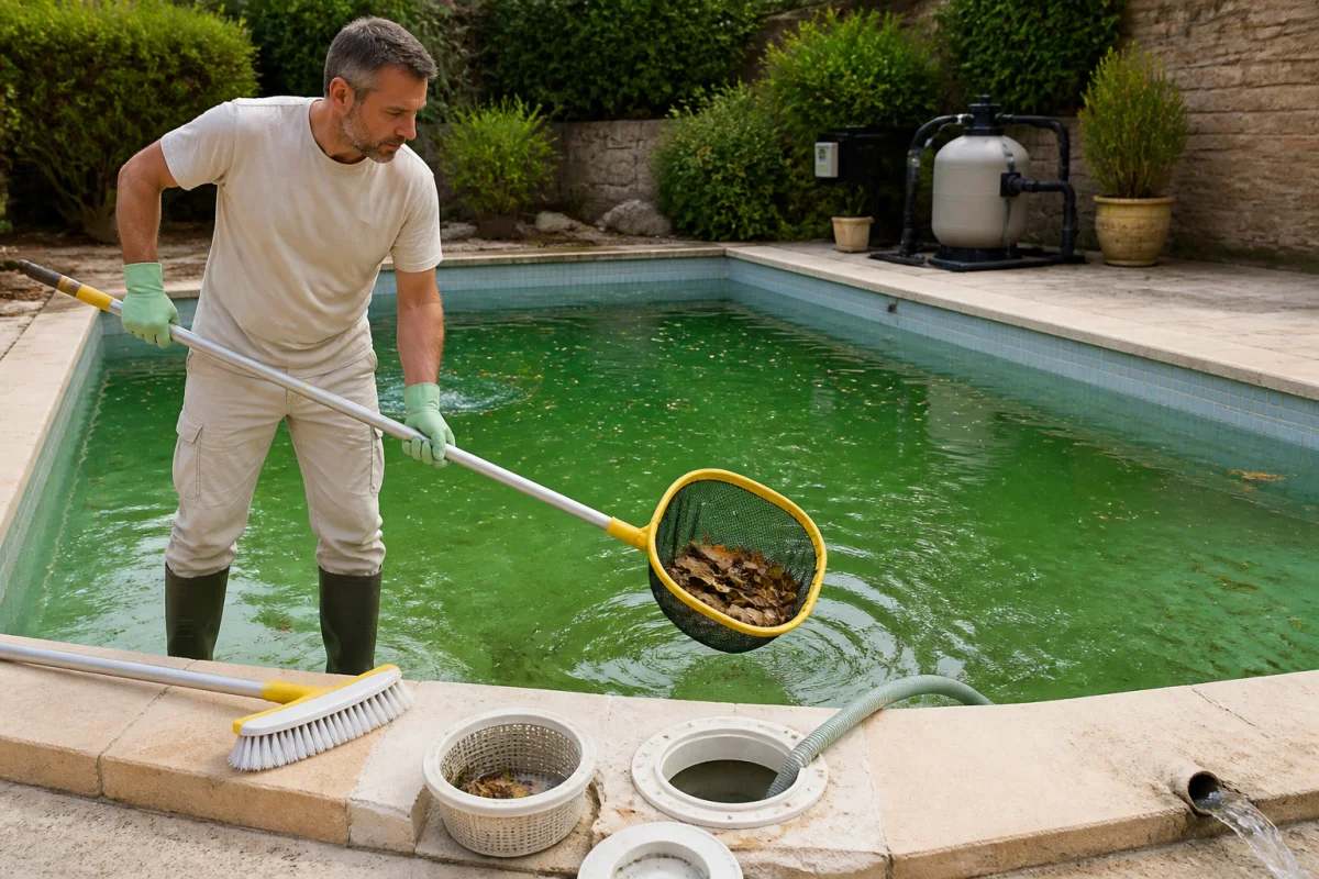 Propriétaire nettoyant une eau verte de piscine avec une épuisette, une brosse et des équipements de filtration visibles