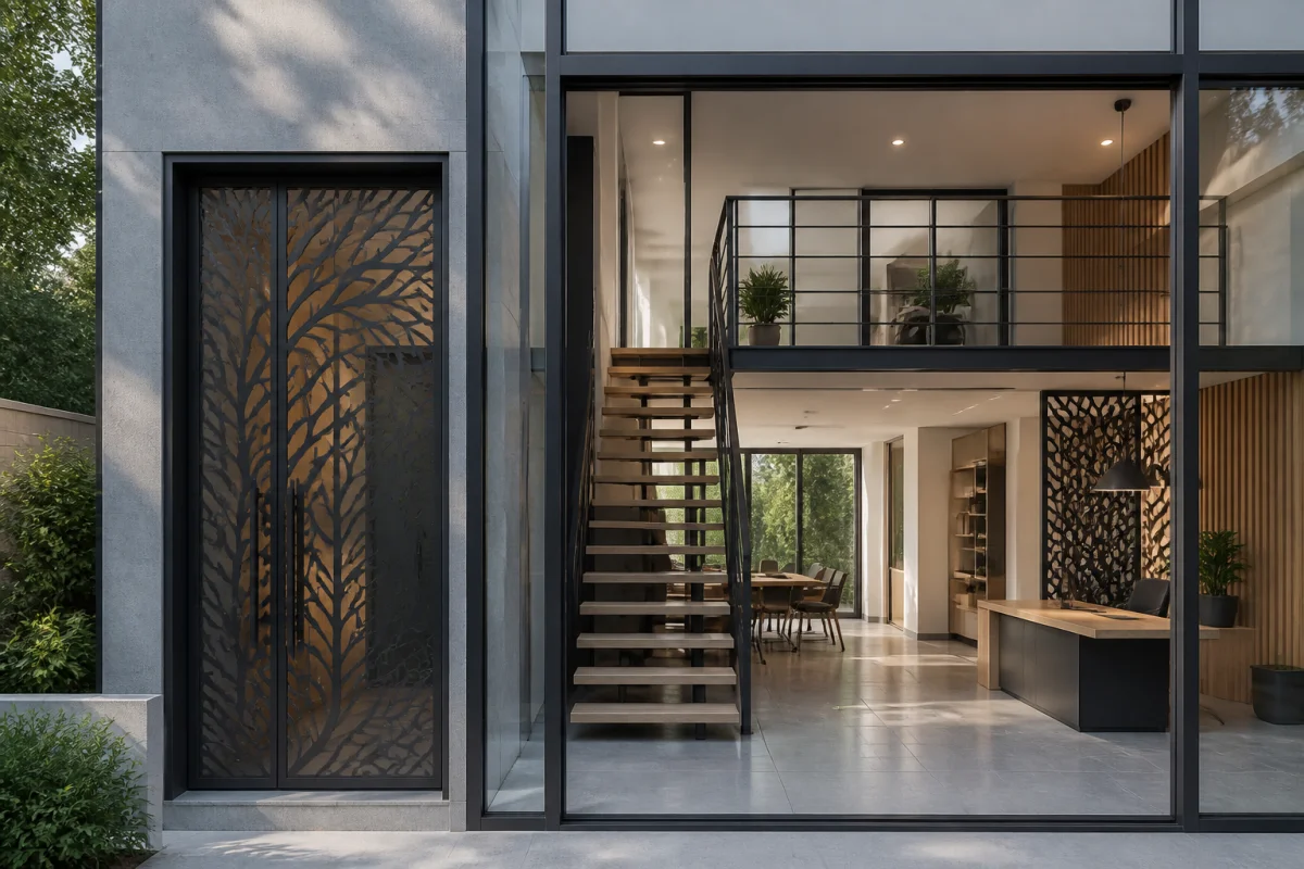 Ermes 31 : façade métallique sur mesure, serrurerie élégante, escalier contemporain et séparation intérieure ajourée