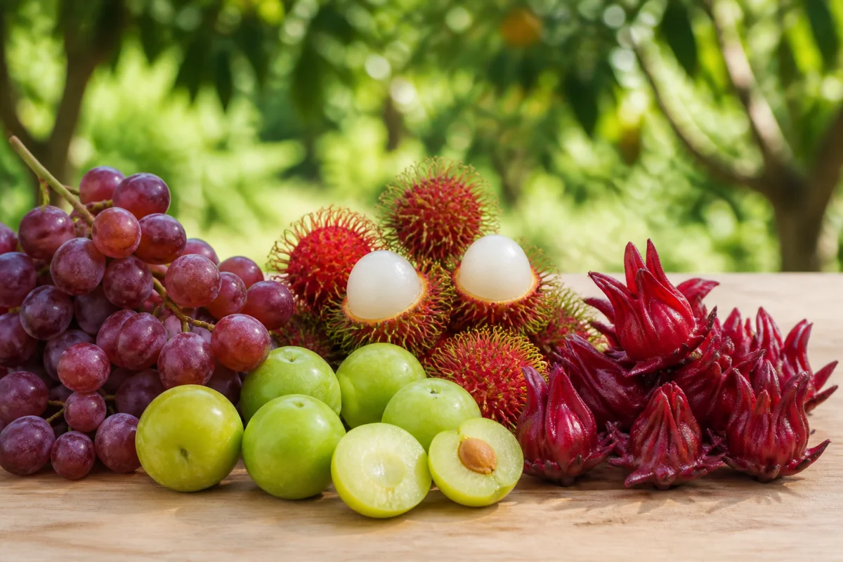 Sélection de fruits en R : raisins, ramboutans, prunes reine-claude et calices rouges de roselle sur une table.