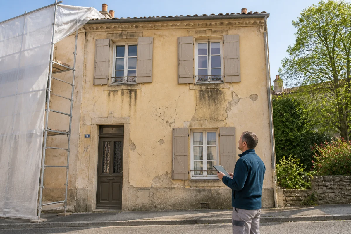 Galop Ravalement inspecte une façade ancienne fissurée et encrassée avant des travaux de rénovation extérieure.